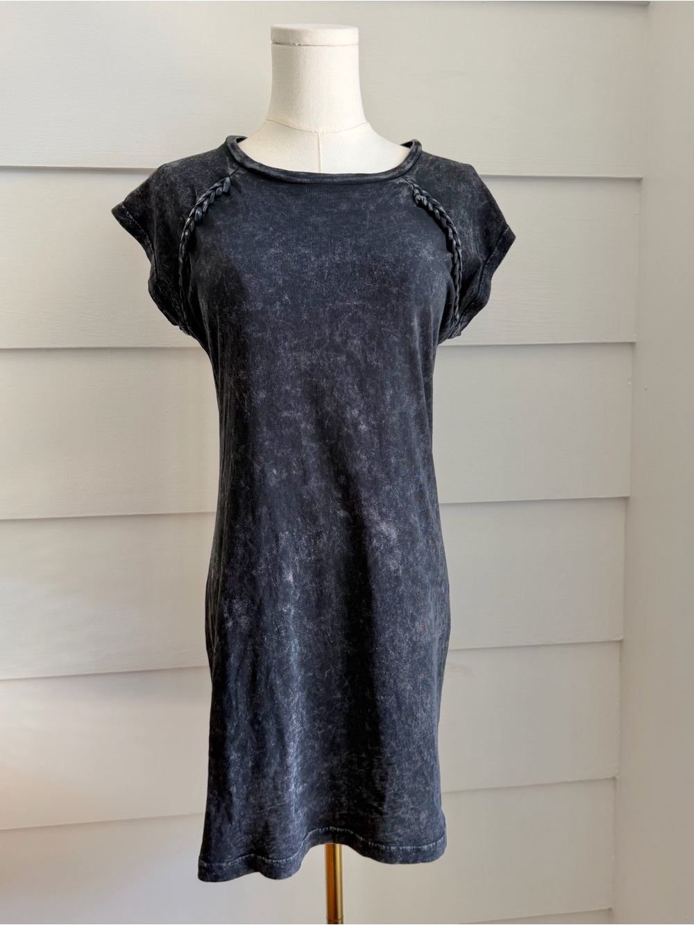 Revolve NOAM Lara Distressed Mineral Wash Cap Sleeve Dress Black Ice size S NWT
